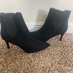Black suede pointed toe ankle boots